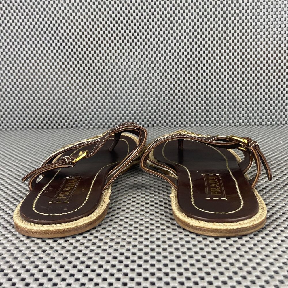 Vintage Prada Sandals Womens 37.5 Brown Leather Thong Sandals Made in Italy - Picture 9 of 12
